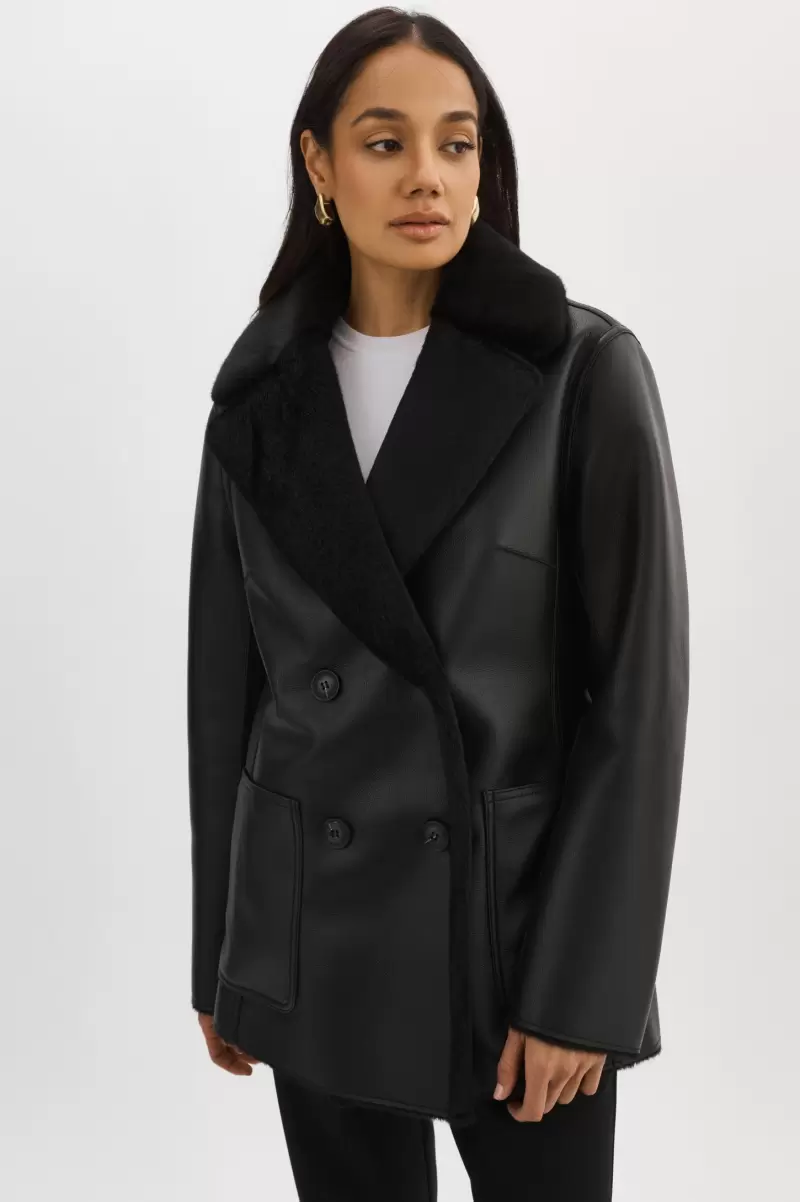 Black Leather Jackets Lamarque Simple Women Camille | Faux Shearling Reversible Coat