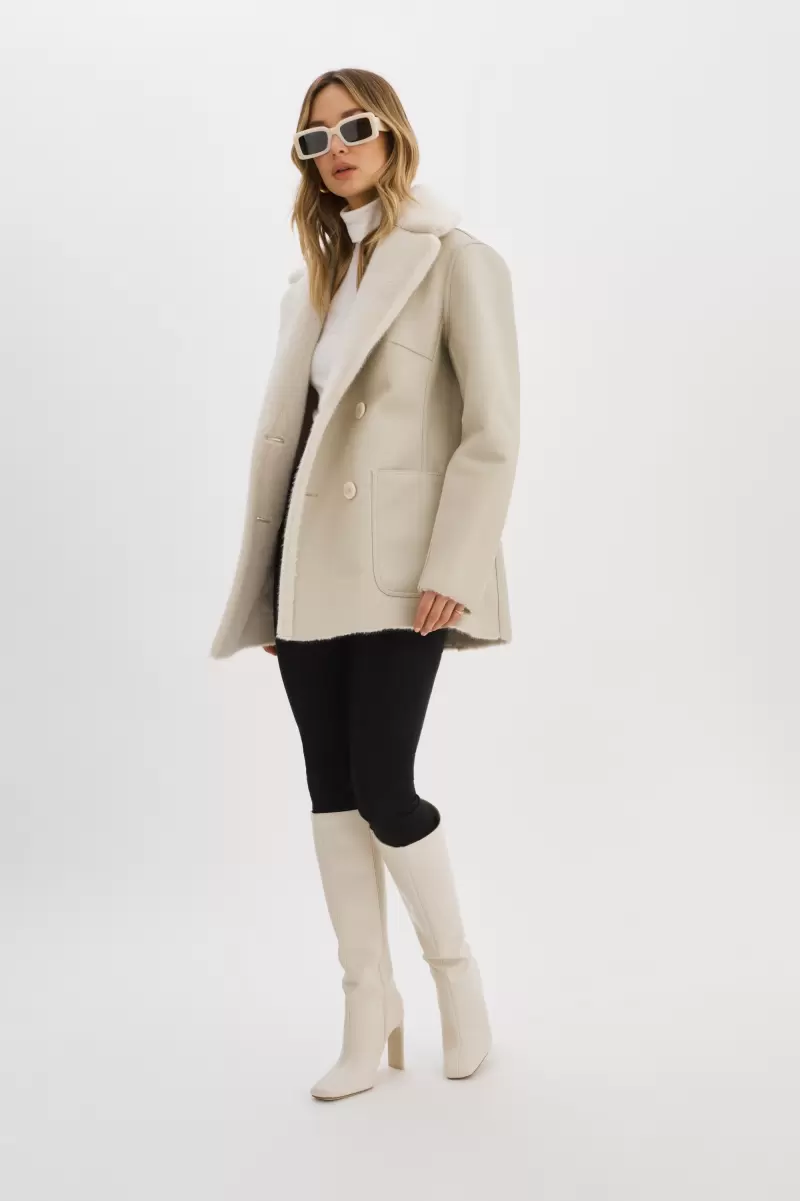 Camille | Faux Shearling Reversible Coat Streamlined Lamarque Women Leather Jackets Ivory - 3