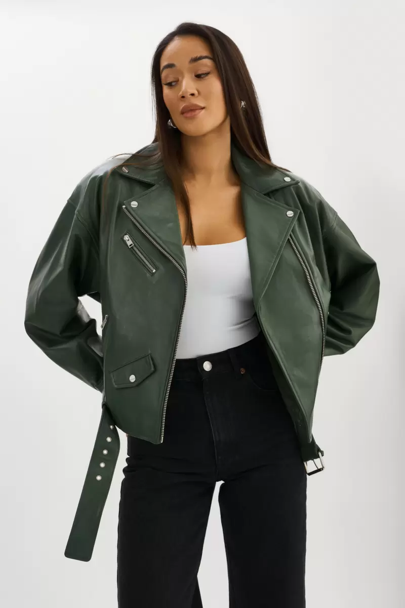 Alpine Green Economical Estia | Leather Biker Jacket Lamarque Leather Jackets Women