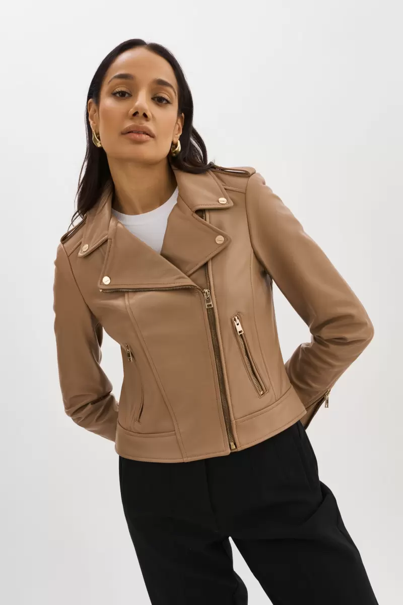 Mocha Tough Lamarque Leather Jackets Donna Gold | Iconic Leather Biker Jacket Women - 2
