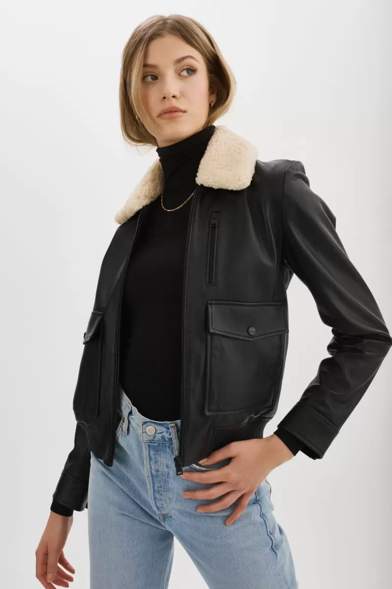 Klemence | Leather Aviator Jacket Lamarque Women Creative Black Leather Jackets