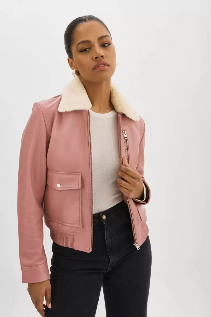 Klemence | Leather Aviator Jacket Mauve Pink Reliable Lamarque Leather Jackets Women