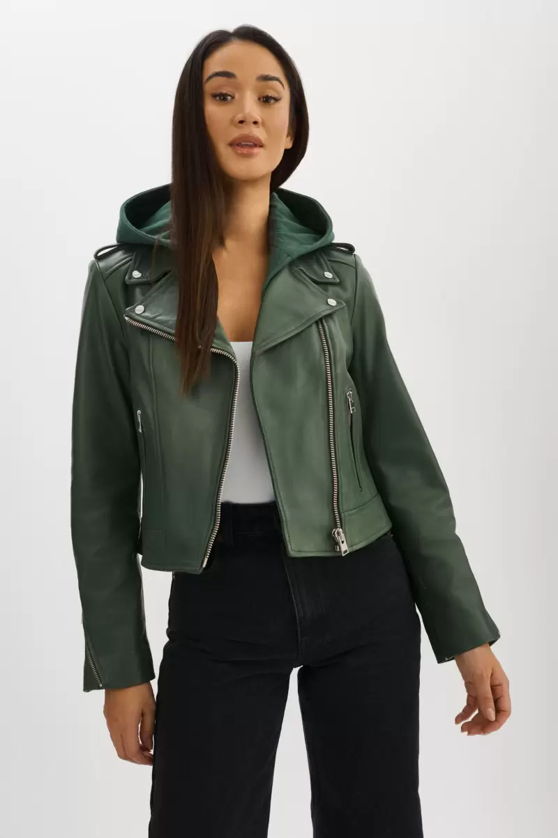 Leather Jackets Alpine Green Discount Women Lamarque Holy | Leather Biker Jacket With Removable Hood - 1