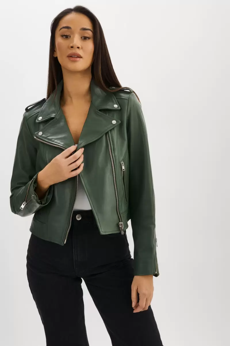 Leather Jackets Alpine Green Discount Women Lamarque Holy | Leather Biker Jacket With Removable Hood - 3
