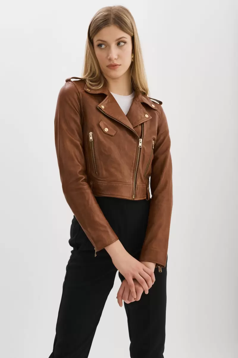 Lamarque Women Ciara Gold | Leather  Crop Biker Jacket Leather Jackets Luggage Stylish - 1