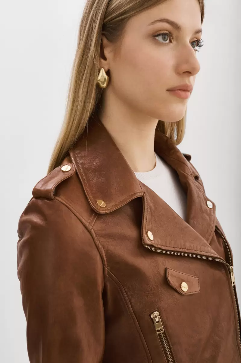 Lamarque Women Ciara Gold | Leather  Crop Biker Jacket Leather Jackets Luggage Stylish - 2