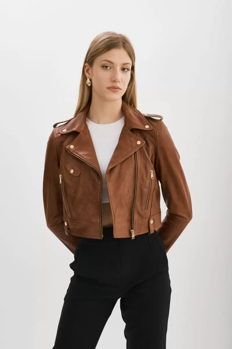 Lamarque Women Ciara Gold | Leather  Crop Biker Jacket Leather Jackets Luggage Stylish