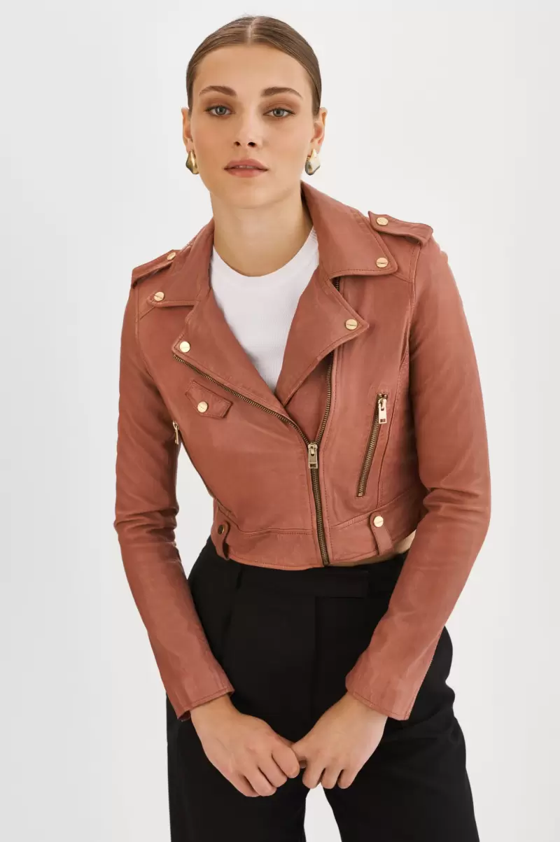 New Lamarque Women Ciara Gold | Leather  Crop Biker Jacket Leather Jackets Antique Pink - 1