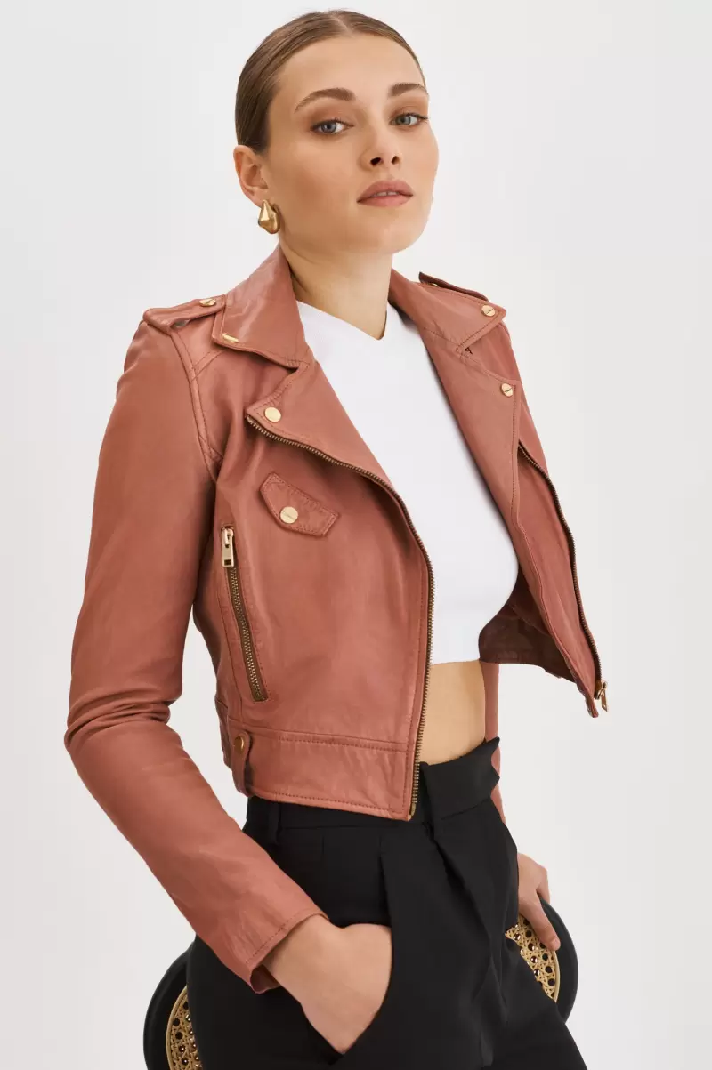 New Lamarque Women Ciara Gold | Leather  Crop Biker Jacket Leather Jackets Antique Pink - 3