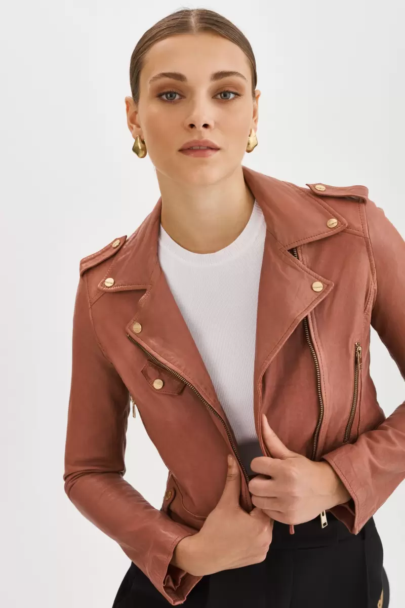 New Lamarque Women Ciara Gold | Leather  Crop Biker Jacket Leather Jackets Antique Pink - 4