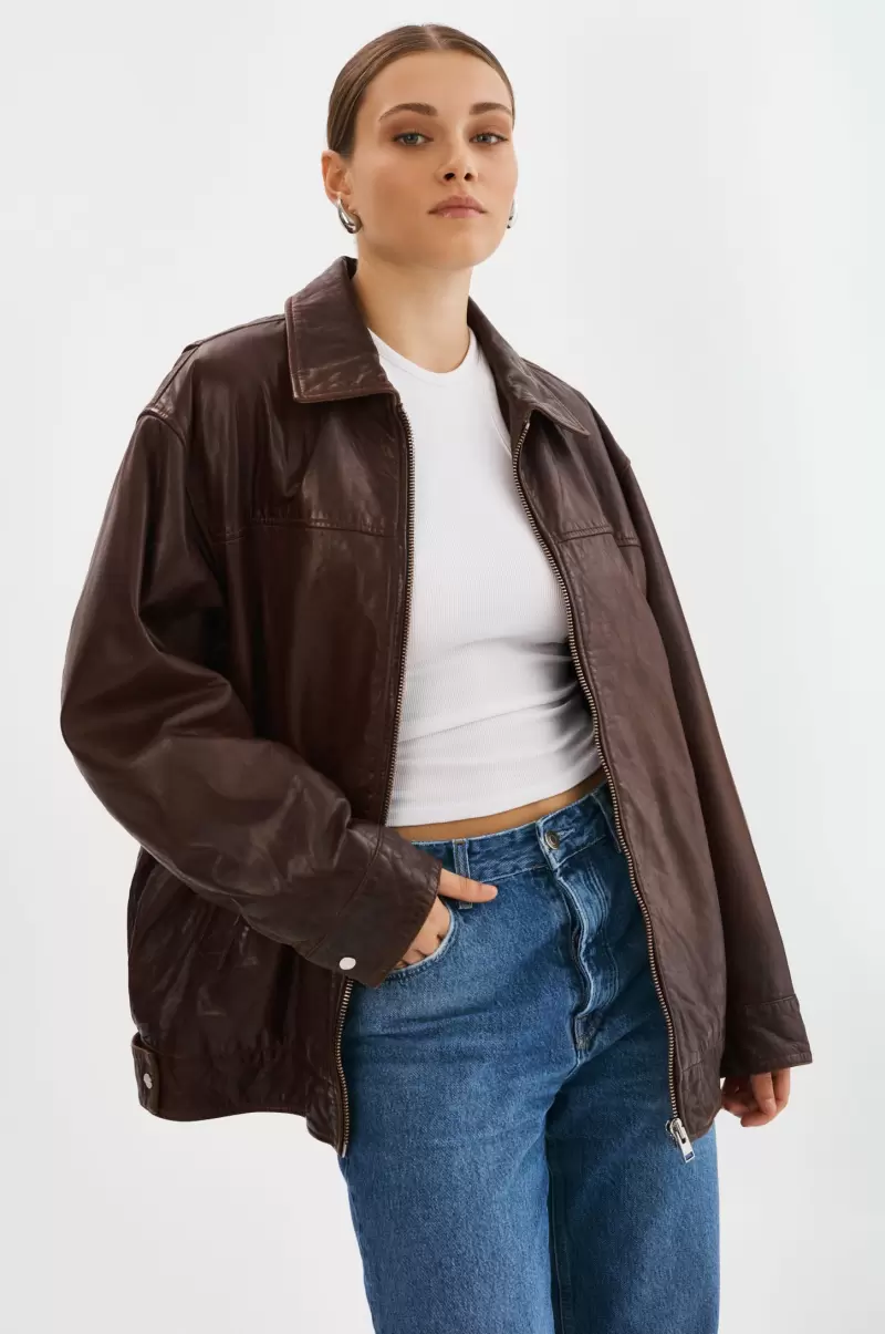 High-Quality Lamarque Theia | Leather Bomber Jacket Women Leather Jackets Dark Brown