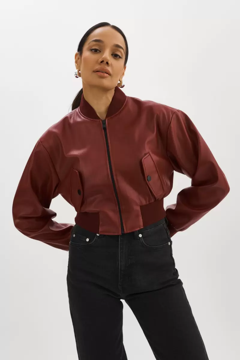 Leather Jackets Classic Women Lamarque Evelin | Faux Leather Cropped Bomber Syrah - 1