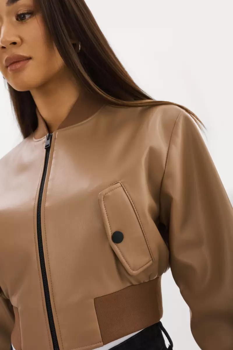 Mocha Lamarque Streamline Leather Jackets Women Evelin | Faux Leather Cropped Bomber - 1