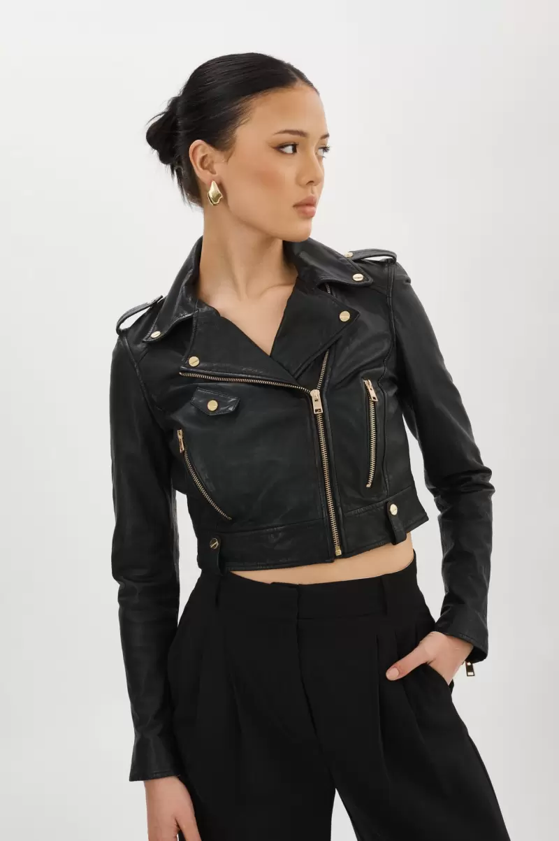 Ciara Gold | Leather  Crop Biker Jacket Women Leather Jackets Black Quality Lamarque - 1