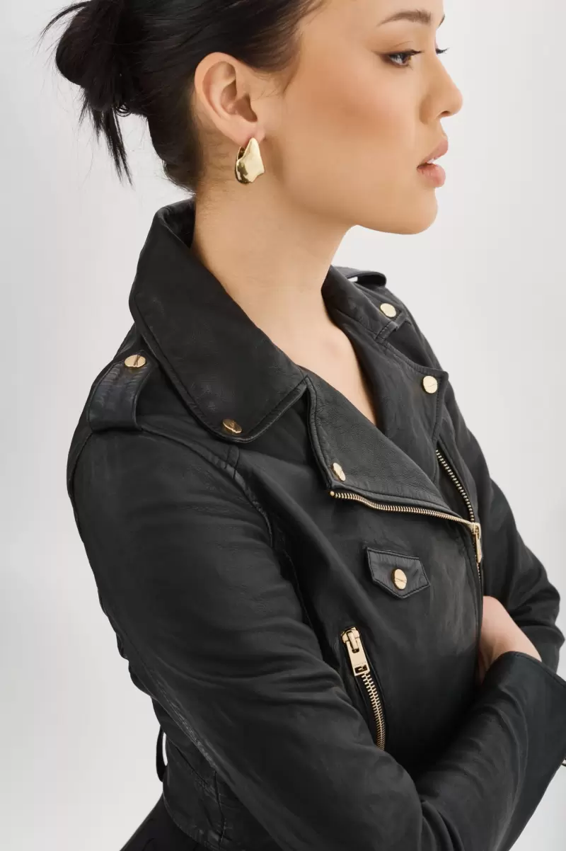 Ciara Gold | Leather  Crop Biker Jacket Women Leather Jackets Black Quality Lamarque - 3