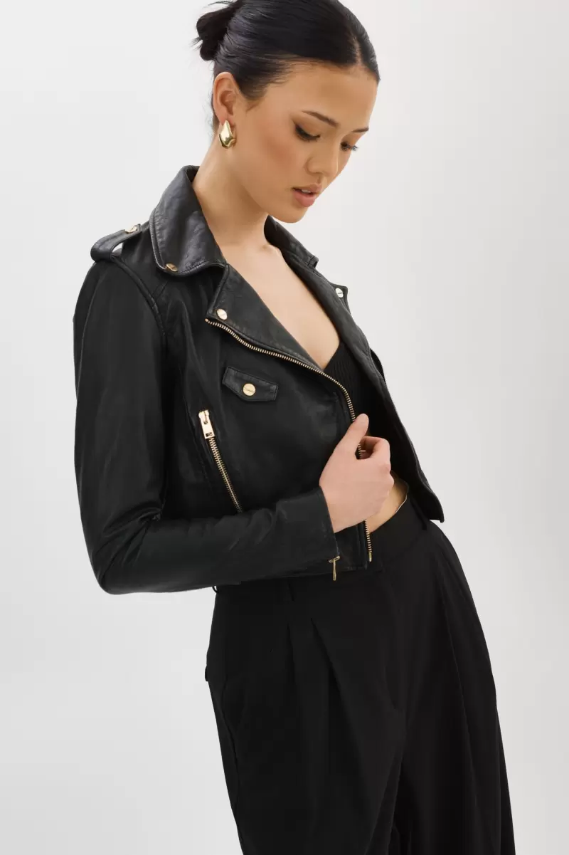 Ciara Gold | Leather  Crop Biker Jacket Women Leather Jackets Black Quality Lamarque - 4