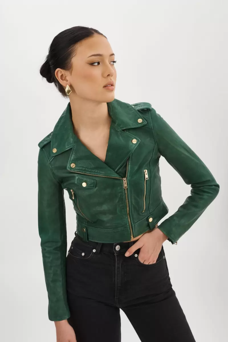 Ciara Gold | Leather  Crop Biker Jacket Women Leather Jackets Lamarque Bottle Green Sale - 1