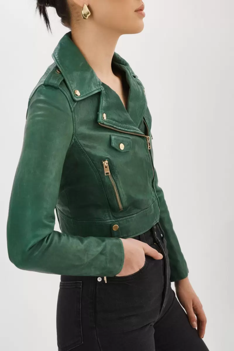 Ciara Gold | Leather  Crop Biker Jacket Women Leather Jackets Lamarque Bottle Green Sale - 2