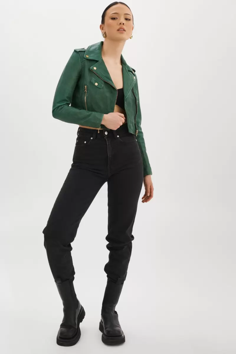 Ciara Gold | Leather  Crop Biker Jacket Women Leather Jackets Lamarque Bottle Green Sale - 4