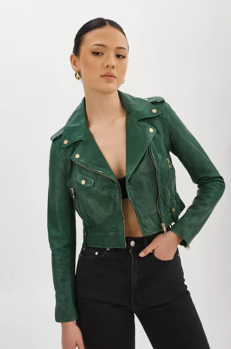 Ciara Gold | Leather  Crop Biker Jacket Women Leather Jackets Lamarque Bottle Green Sale