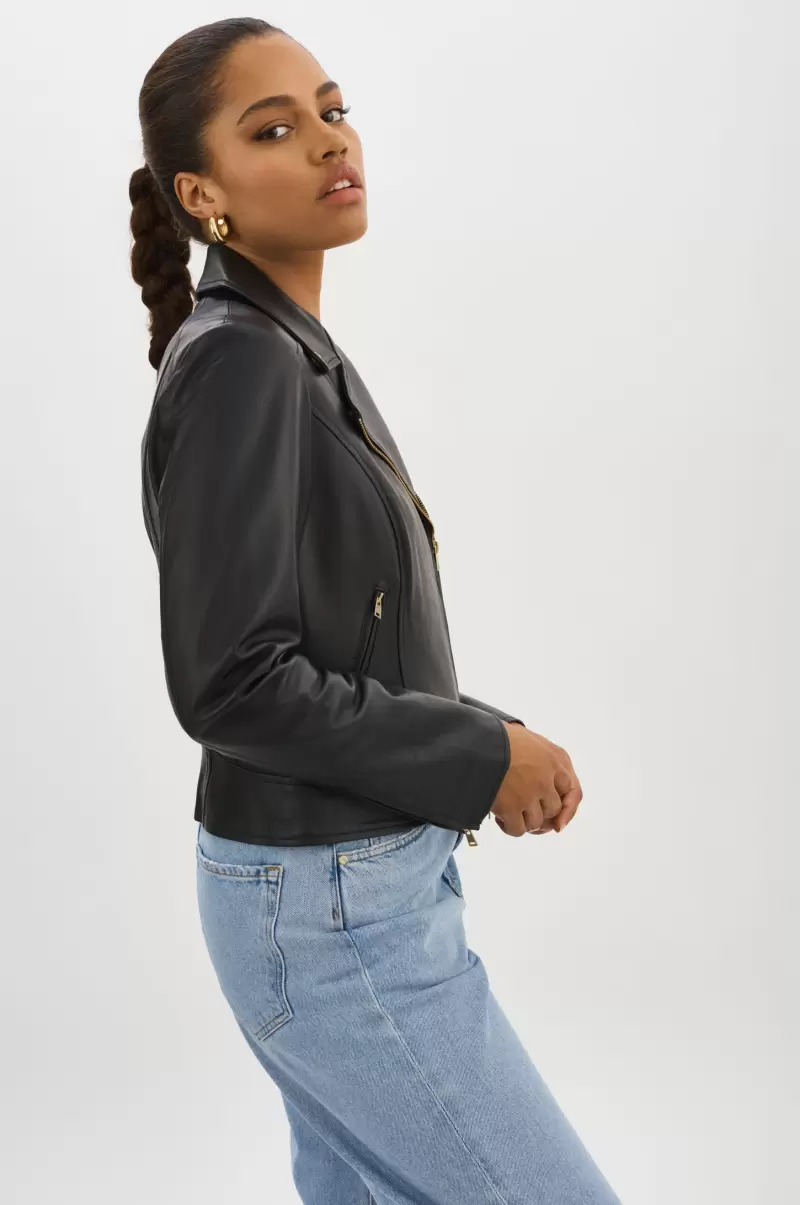 Kelsey Gold | Leather Biker Jacket Lamarque Black Stylish Leather Jackets Women - 4
