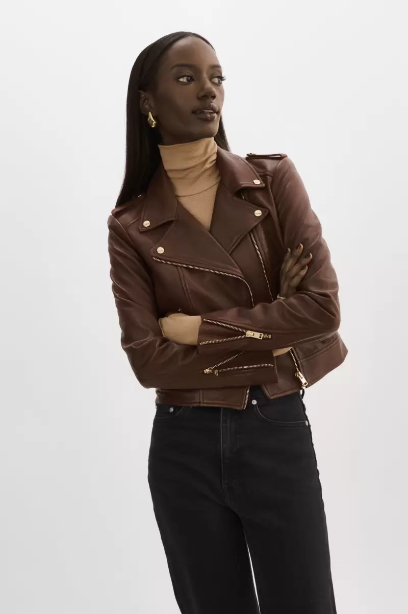 Clearance Leather Jackets Donna Gold | Iconic Leather Biker Jacket Lamarque Chocolate Women - 2