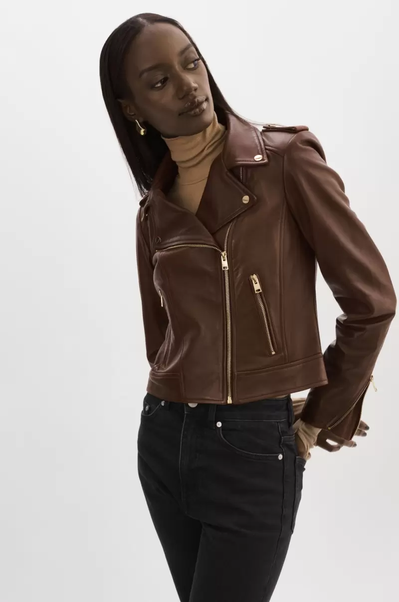 Clearance Leather Jackets Donna Gold | Iconic Leather Biker Jacket Lamarque Chocolate Women