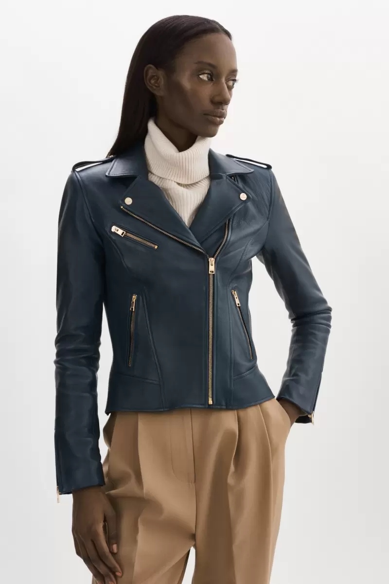 Mellie | Leather Biker Jacket Lamarque Contemporary Navy Women Leather Jackets - 1