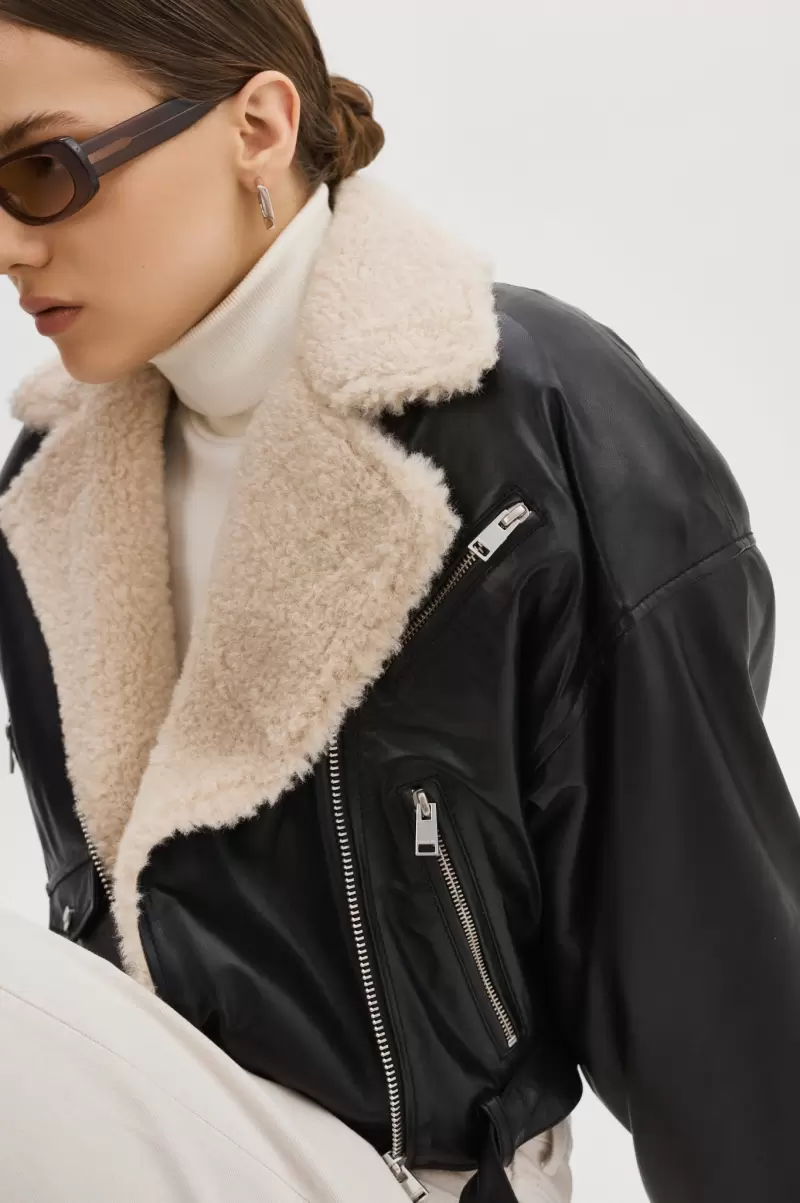 Leather Jackets Dylan | 80'S Sherpa Leather Biker Jacket Black/Ecru Women Cost-Effective Lamarque - 2