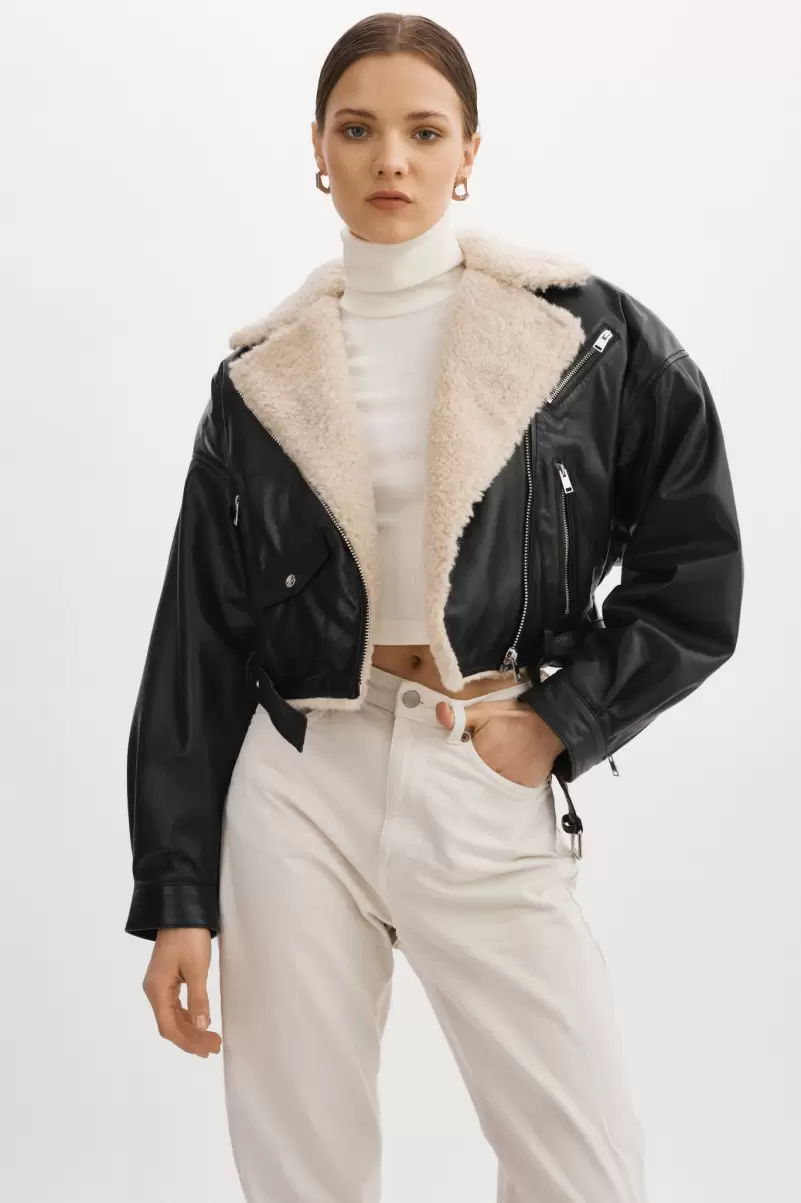 Leather Jackets Dylan | 80'S Sherpa Leather Biker Jacket Black/Ecru Women Cost-Effective Lamarque - 4