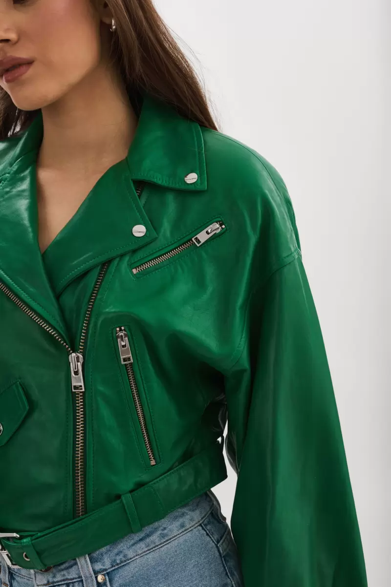 Leather Jackets 2024 Women Vibrant Green Lamarque Dylan | 80'S Leather Biker Jacket - 2