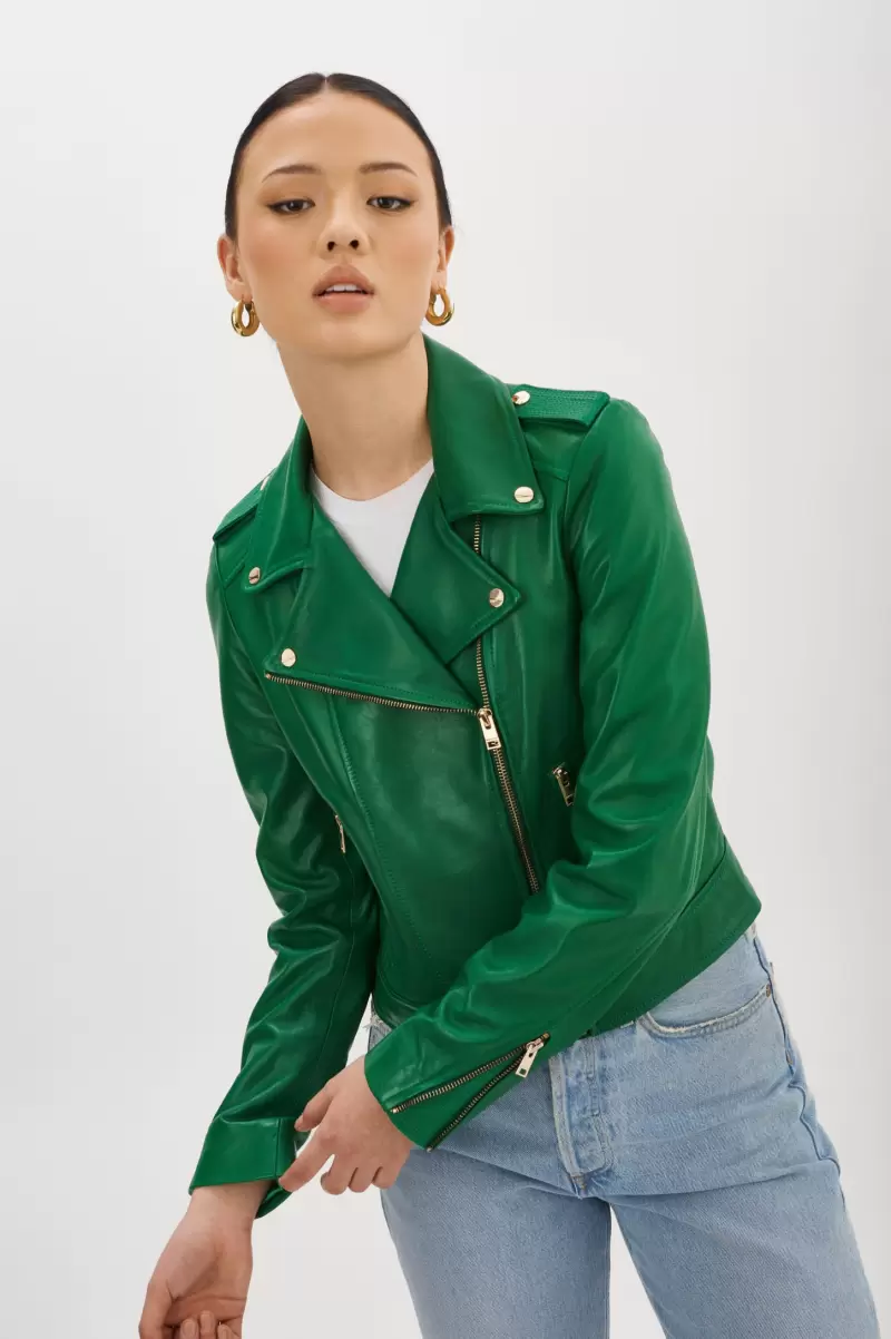 Leather Jackets Women Lamarque Premium Donna Gold | Iconic Leather Biker Jacket Vibrant Green - 1