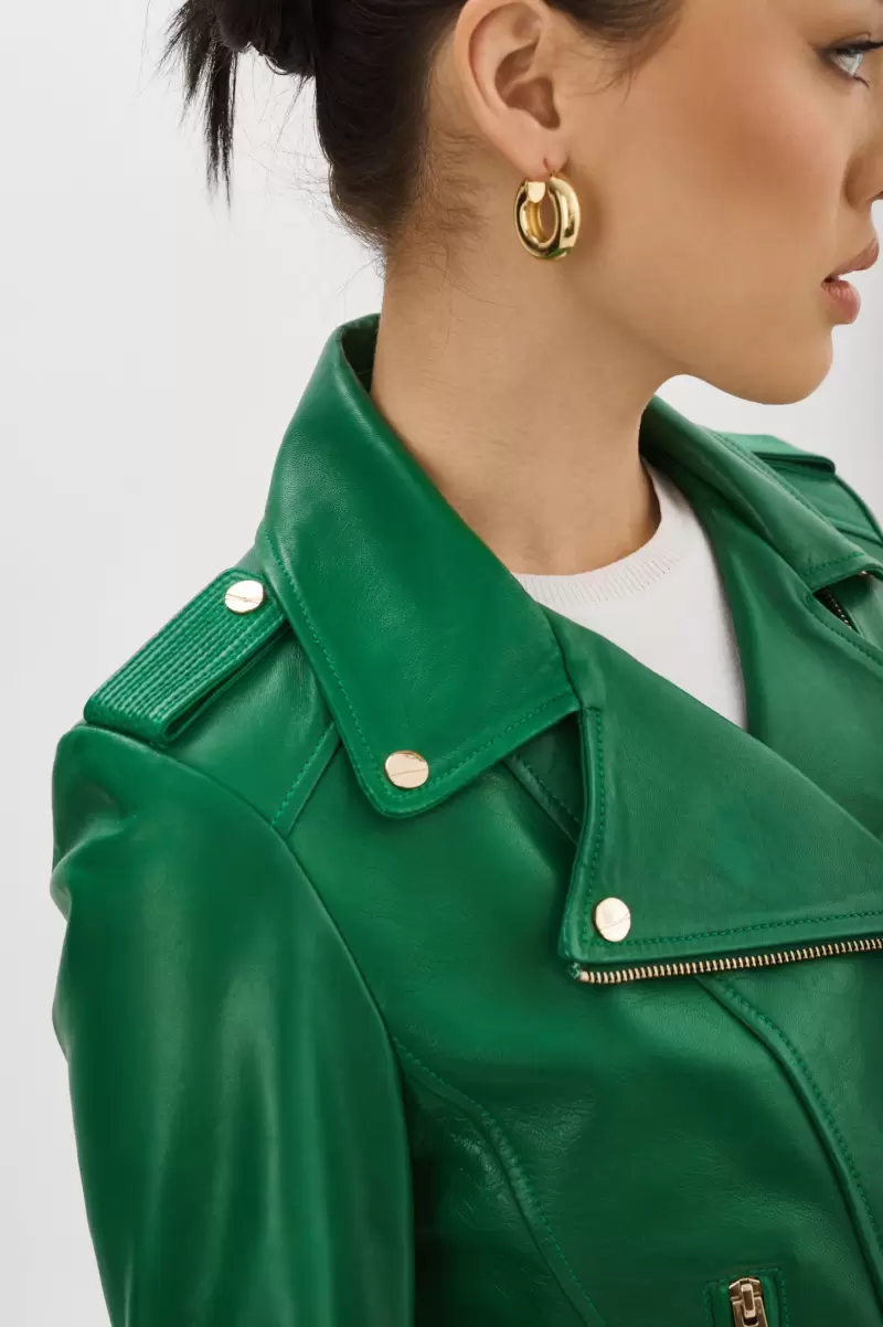 Leather Jackets Women Lamarque Premium Donna Gold | Iconic Leather Biker Jacket Vibrant Green - 3