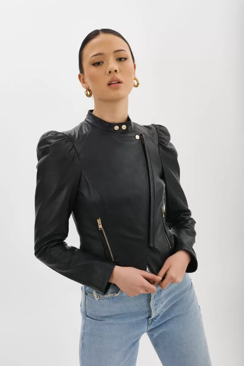 Fresh Leather Jackets Women Lamarque Kaia | Puff Sleeve Leather Jacket Black - 1