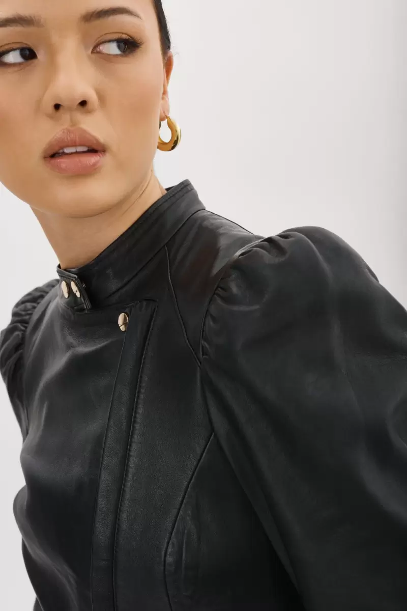 Fresh Leather Jackets Women Lamarque Kaia | Puff Sleeve Leather Jacket Black - 3
