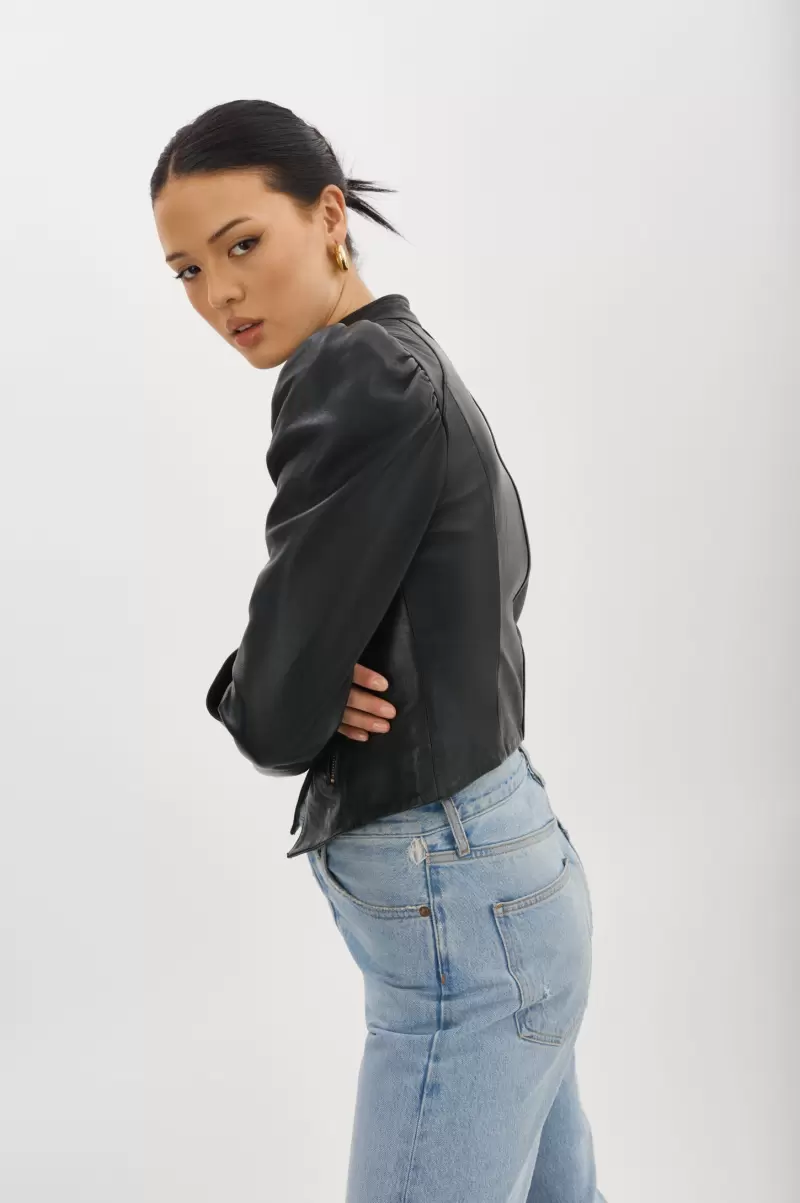 Fresh Leather Jackets Women Lamarque Kaia | Puff Sleeve Leather Jacket Black - 4
