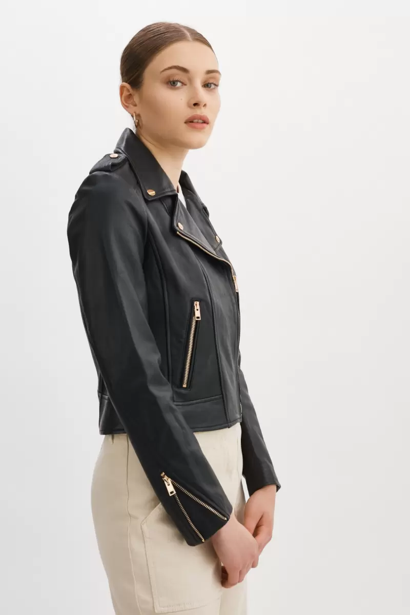 Leather Jackets Modern Black Women Lamarque Donna Gold | Iconic Leather Biker Jacket - 1