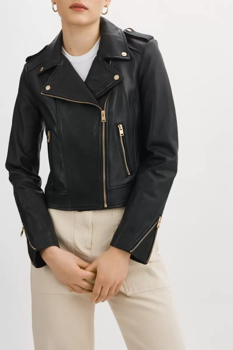 Leather Jackets Modern Black Women Lamarque Donna Gold | Iconic Leather Biker Jacket - 3