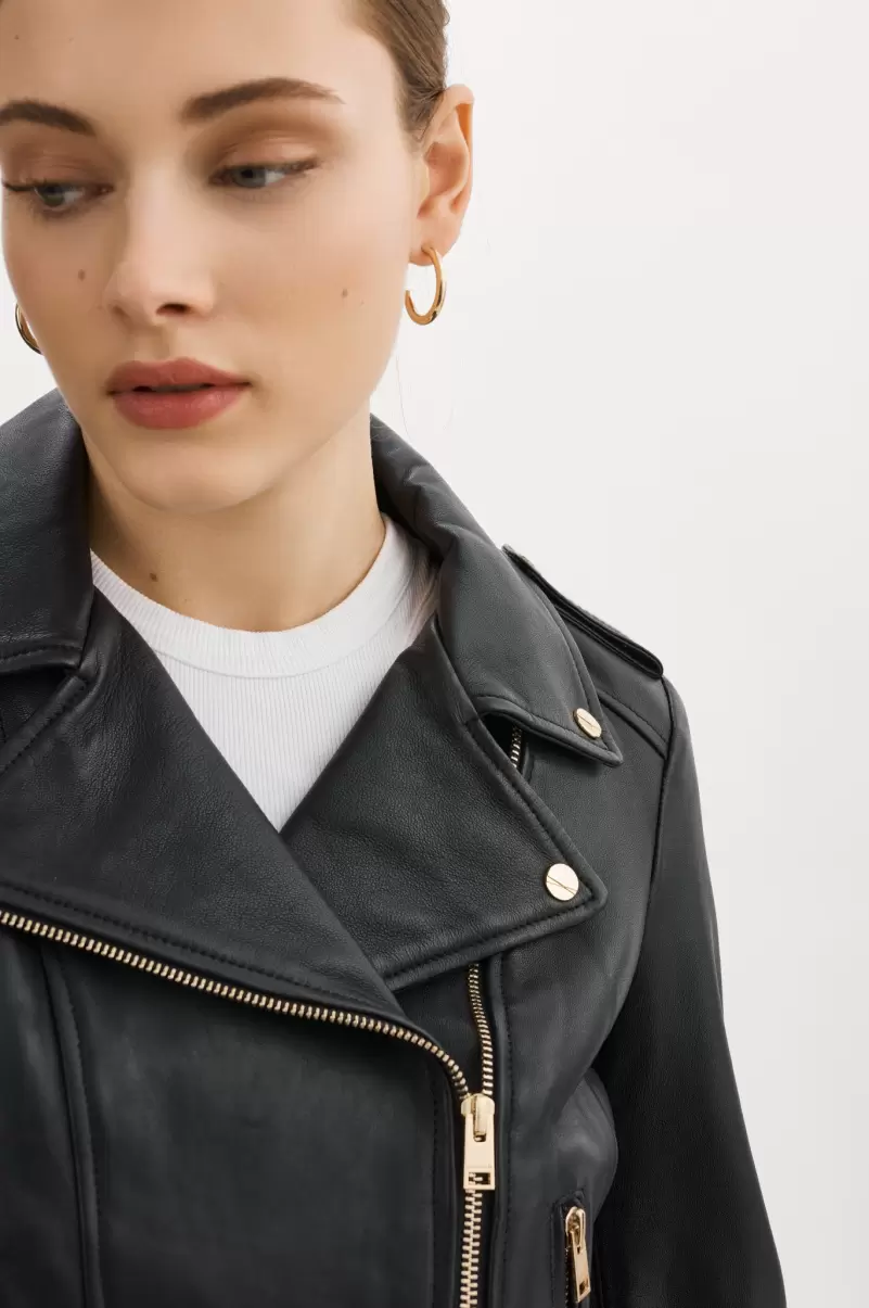 Leather Jackets Modern Black Women Lamarque Donna Gold | Iconic Leather Biker Jacket - 4