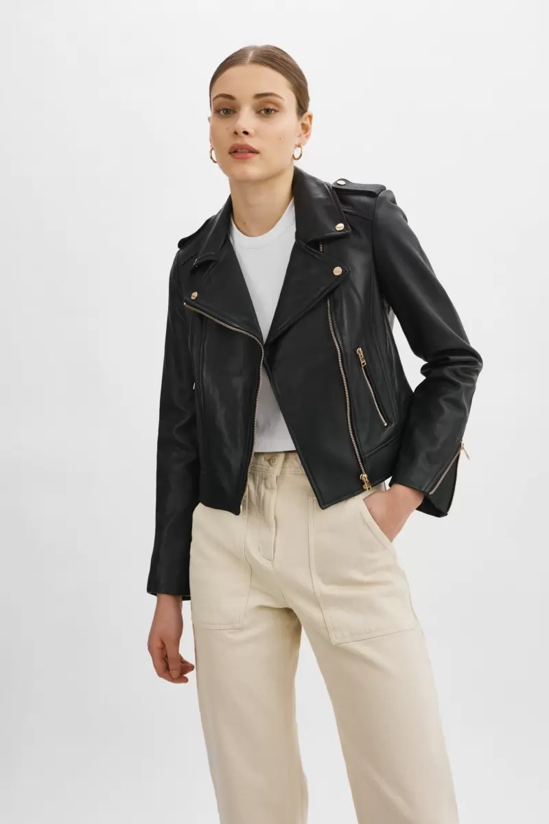 Leather Jackets Modern Black Women Lamarque Donna Gold | Iconic Leather Biker Jacket