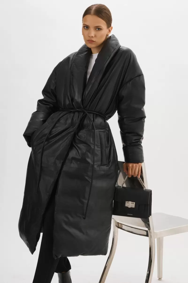 Catalina | Oversized Leather Blanket Coat Leather Jackets Women Lamarque Relaxing Black