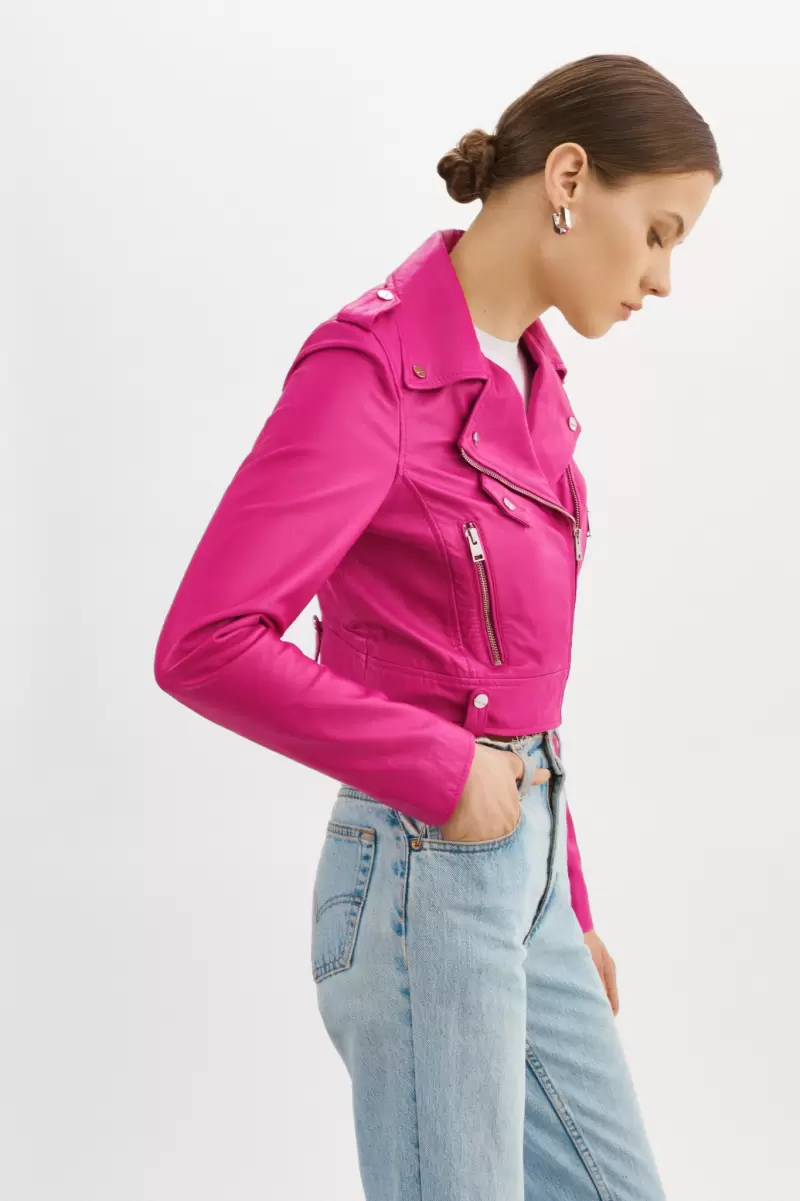 Ciara | Leather Crop Biker Jacket Women Lamarque Fuchsia Secure Leather Jackets - 2