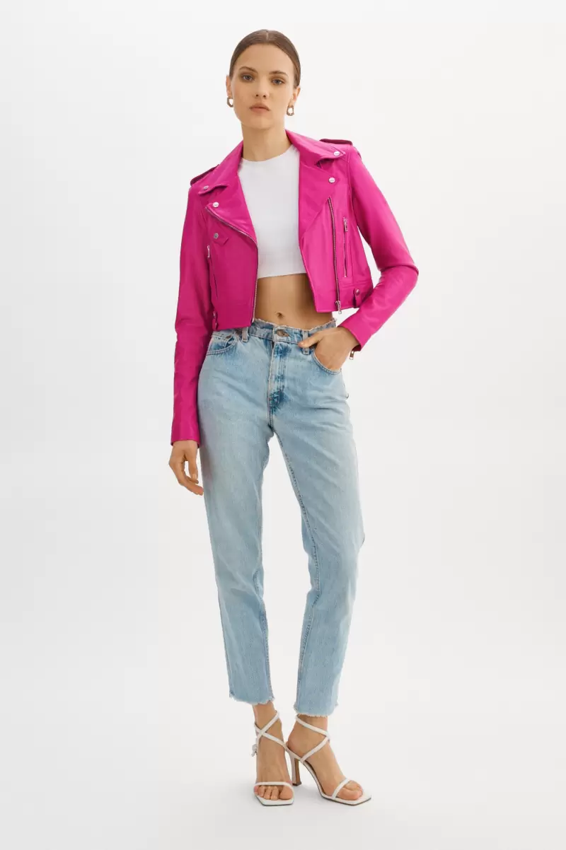 Ciara | Leather Crop Biker Jacket Women Lamarque Fuchsia Secure Leather Jackets - 3