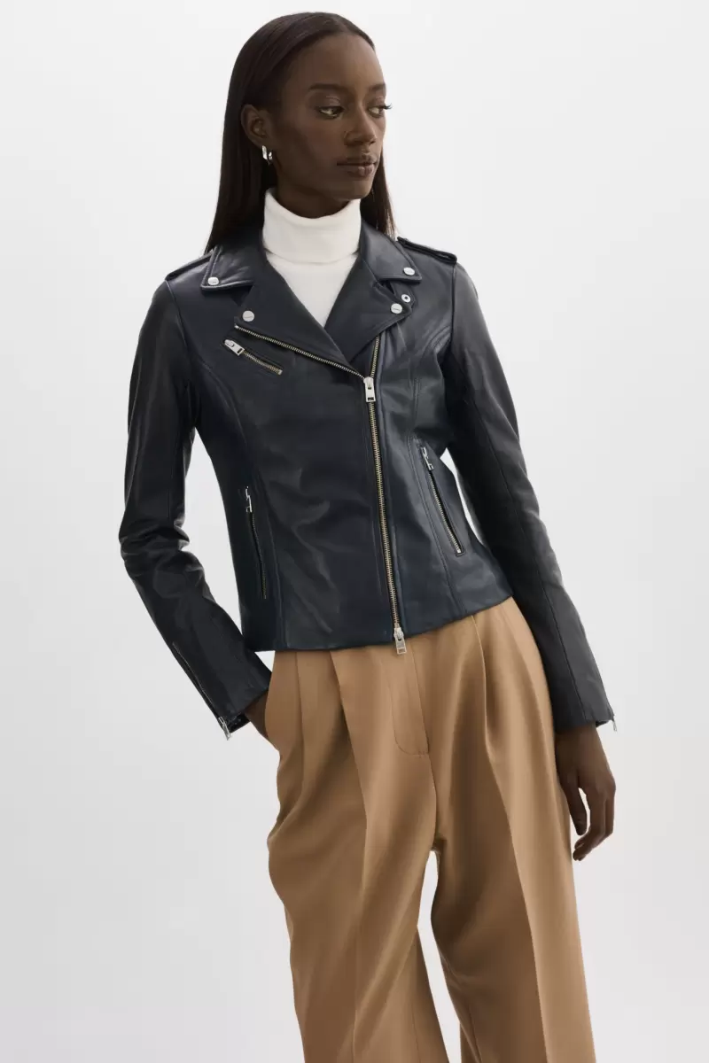 Durable Harper | Fitted Leather Biker Jacket Navy Women Lamarque Leather Jackets - 2
