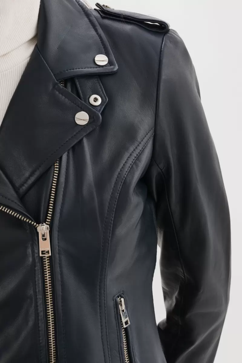 Durable Harper | Fitted Leather Biker Jacket Navy Women Lamarque Leather Jackets - 4