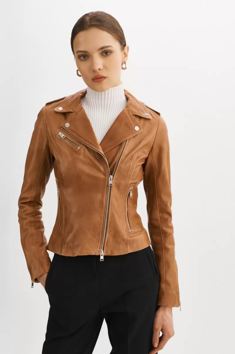 Leather Jackets Modern Luggage Women Lamarque Harper | Fitted Leather Biker Jacket - 1