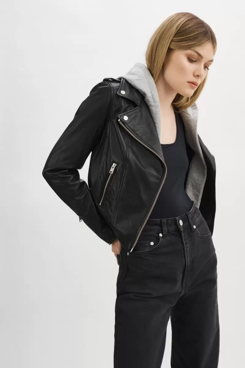 Tested Leather Jackets Lamarque Black/Grey Women Holy | Leather Biker Jacket With Removable Hood - 1