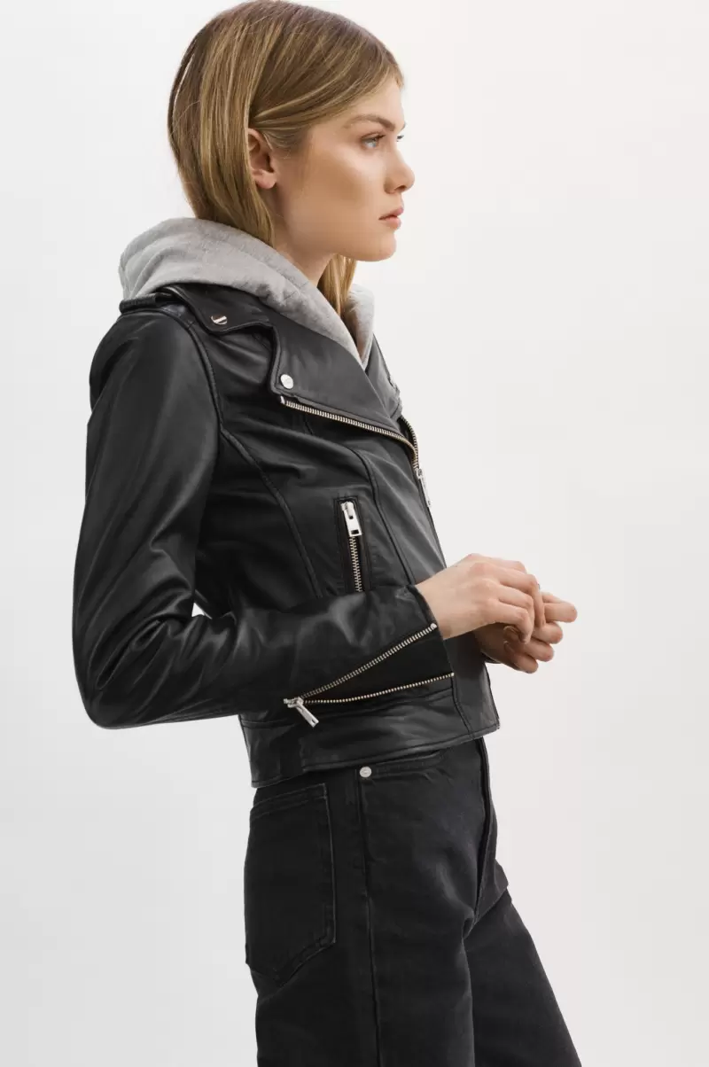 Tested Leather Jackets Lamarque Black/Grey Women Holy | Leather Biker Jacket With Removable Hood - 2