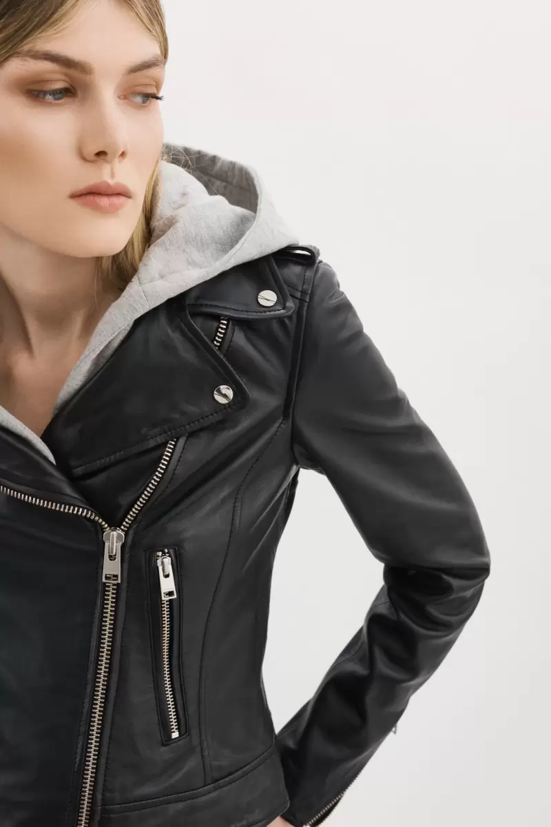 Tested Leather Jackets Lamarque Black/Grey Women Holy | Leather Biker Jacket With Removable Hood - 3