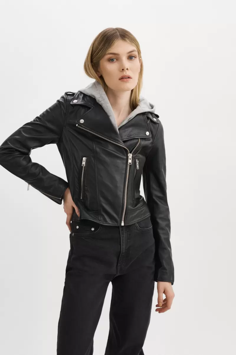 Tested Leather Jackets Lamarque Black/Grey Women Holy | Leather Biker Jacket With Removable Hood